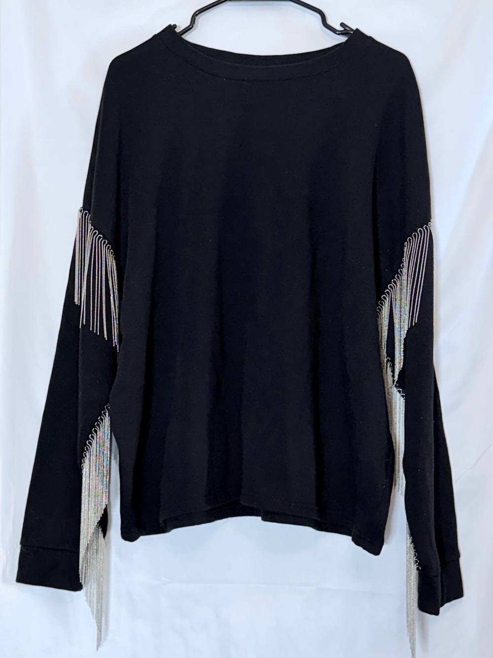 H&M Black Sweatshirt with Silver Chain Fringe Sleeves Size XL